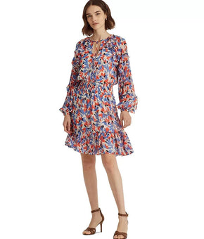 Lauren Ralph Lauren Floral Crinkled Georgette Dres Blue orange Size 4 MSRP $185