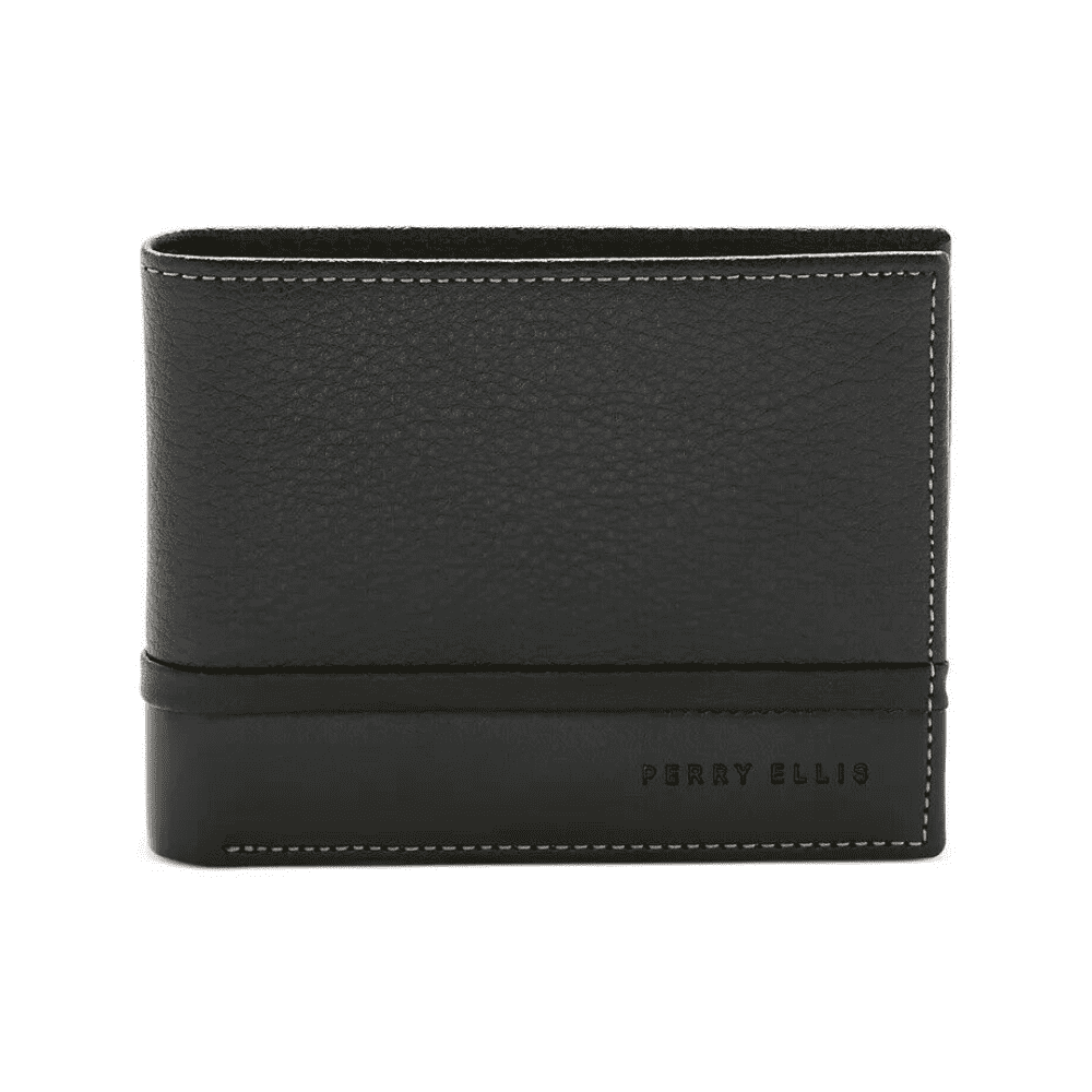 Perry Ellis Portfolio Men's Pebble Smooth Contrast Bifold Wallet Black