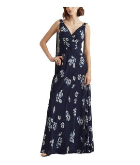 Lauren Ralph Lauren Floral Crinkled Georgette Gown Navy Blue Size 4 MSRP $260