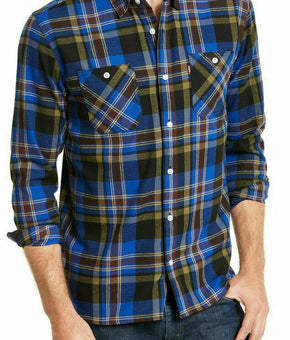 New Mens Levi's Classic Fit Kine Herringbone Blue Plaid Button Front Shirt XXL