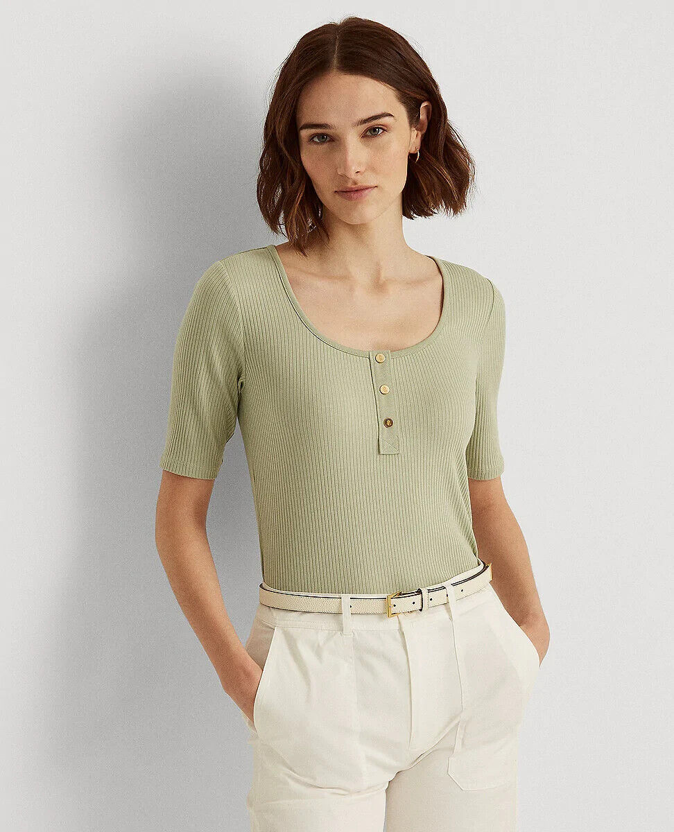 LAUREN RALPH LAUREN Elbow-Sleeve Henley Top Ranch Sage Green Size L MSRP $70