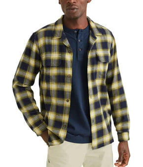 DOCKERS Men's Alpha Plaid Camp Shirt Navy Blue Yellow Size XL MSRP $79