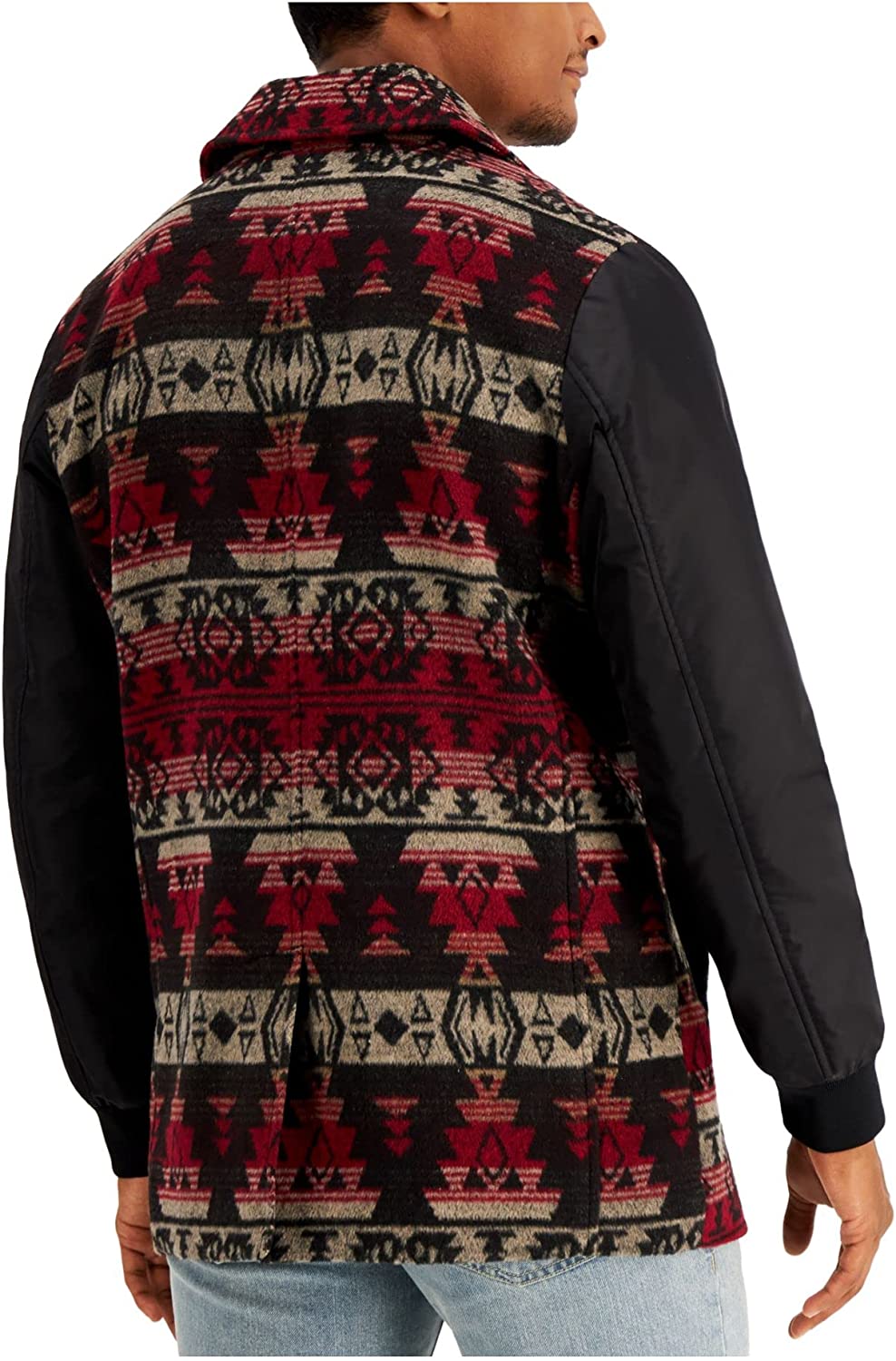 Sun Stone Mens Coat Small Pea-Coat Tribal Geomatric Print Red Size S