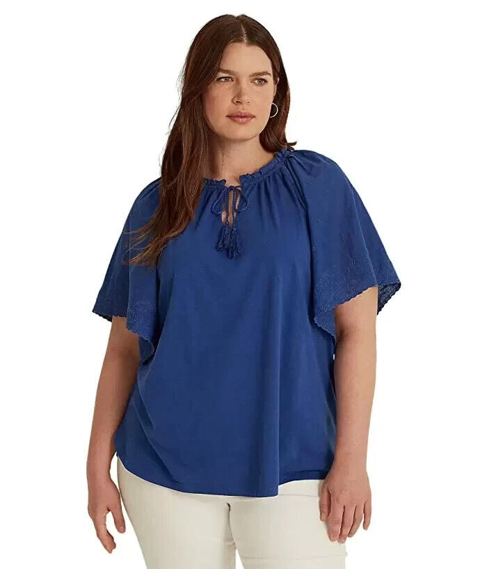 Lauren Ralph Lauren Eyelet Jersey Flutter-Sleeve Top Blue Plus Size 3X MSRP $125