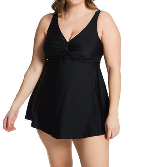 Raisins Curve Plus Size Atlantic Solids Lucia Plunge Swim Dress Black, Size 18W