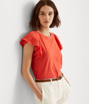 Lauren Ralph Lauren Ruffle-Sleeve Slub Jersey T-Shirt Orange Size L MSRP $70