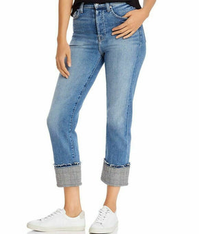 7 For All Mankind Cuffed Plaid-Trim Jeans Blue Womens Size 26 MSRP $225