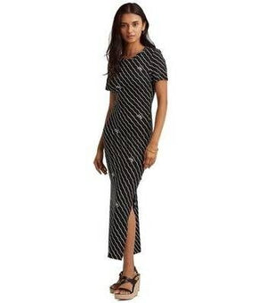 Lauren Ralph Lauren Women's Black Monogram Printed Side Slit Dress Size XS $125