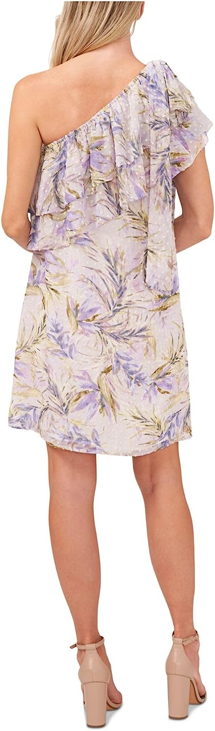 CeCe One Shoulder BAHA Palm Clip Dot Dress Soft Violet Purple Size M