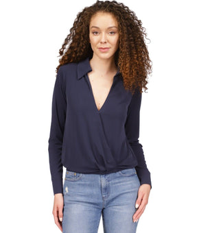 Michael Michael Kors Women's Solid Collared Faux-Wrap Top Navy Size S MSRP $88