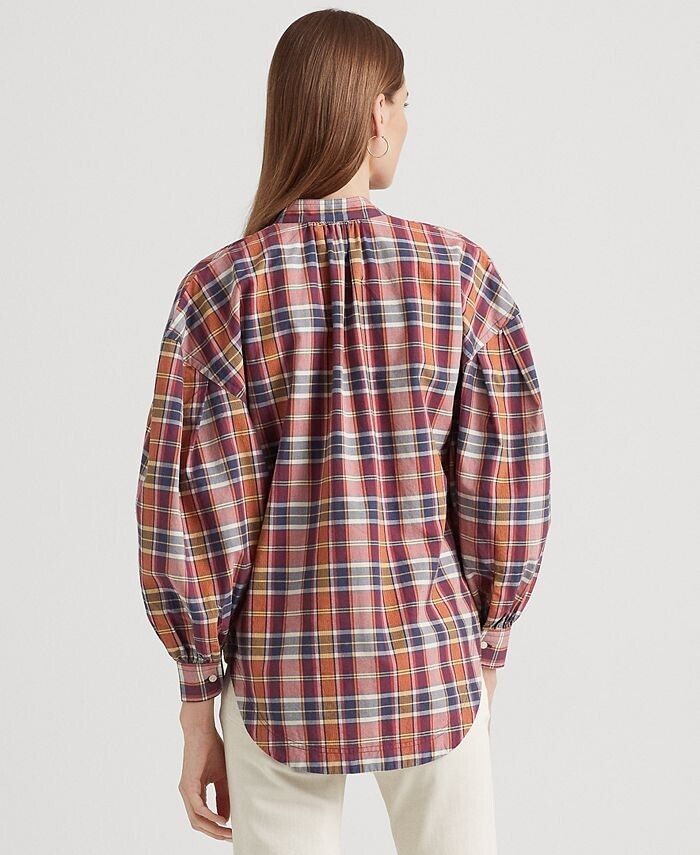 LAUREN RALPH LAUREN Women's Cotton Madras Tie-Neck Blouse Pink Size XL MSRP $115