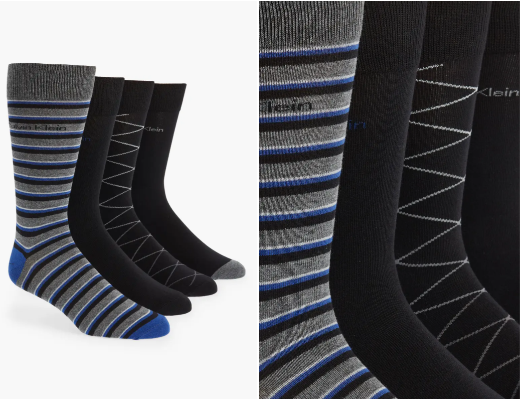 Calvin Klein Men's 4 Pack Multi Pattern Dress Crew Socks Black Size Regular