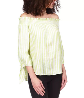MICHAEL KORS Striped Tie-Sleeve Off-the-Shoulder Top Lime Green Size L MSRP $98
