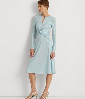 LAUREN RALPH LAUREN Long-Sleeve Foiled Jersey Dress Blue Size 14 MSRP $245