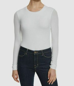 $196 ATM Women's White Stretch Ribbed V Neck Long Sleeves Bodysuit Size Large