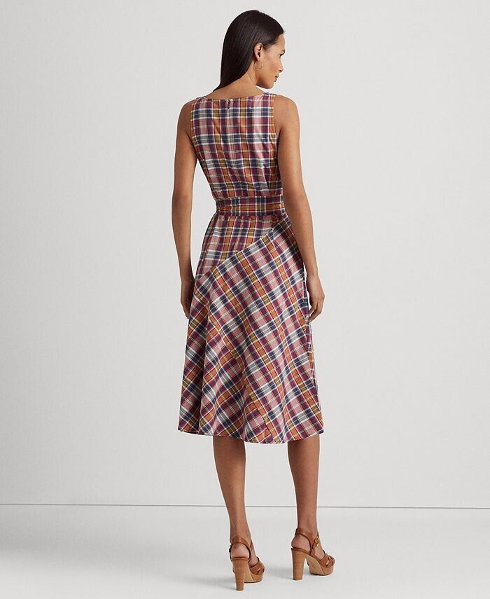 LAUREN Ralph Lauren Belted Cotton Madras Dress Purple Navy Size 4 MSRP $195