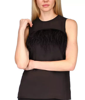 MICHAEL MICHAEL KORS Feather-Trim Tank Top Black Size S MSRP $125