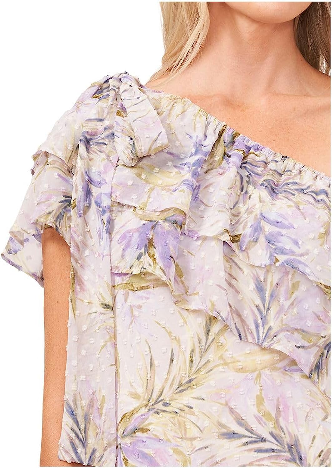 CeCe One Shoulder BAHA Palm Clip Dot Dress Soft Violet Purple Size M