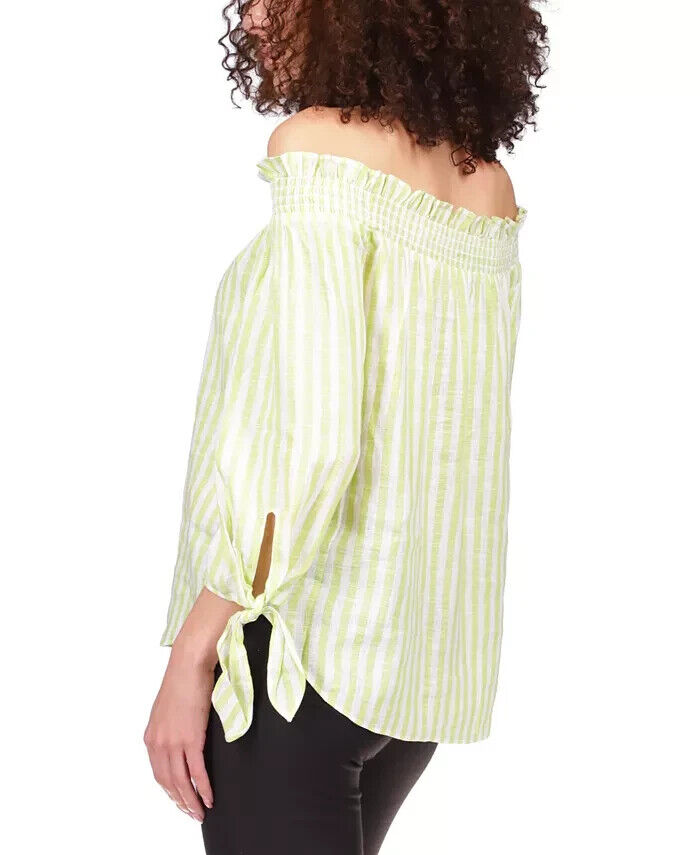 MICHAEL KORS Striped Tie-Sleeve Off-the-Shoulder Top Lime Green Size L MSRP $98