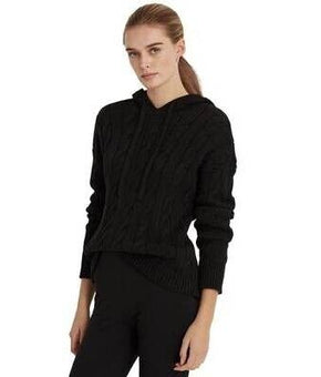 Lauren Ralph Lauren Women Cable Knit Cotton Hoodie Sweater Black Sz M MSRP $125