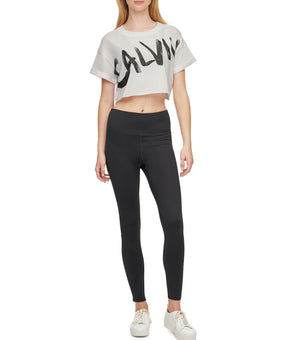 Calvin Klein Brushed-Logo Relaxed Cropped T-Shirt Womens White Size M MSRP $40