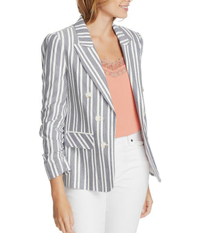 1.STATE Women Striped Ruched-Sleeve Blazer Navy Stripe Ivory White Size S