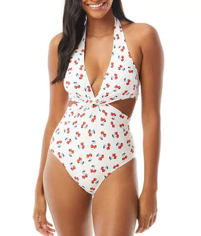 KATE SPADE NEW YORK Cherry-Print Knotted One-Piece Swimsuit White Size M $148