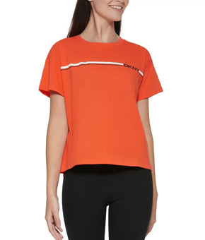Dkny Sport Women's Cotton Logo-Stripe Cropped T-Shirt Orange Size M MSRP $40