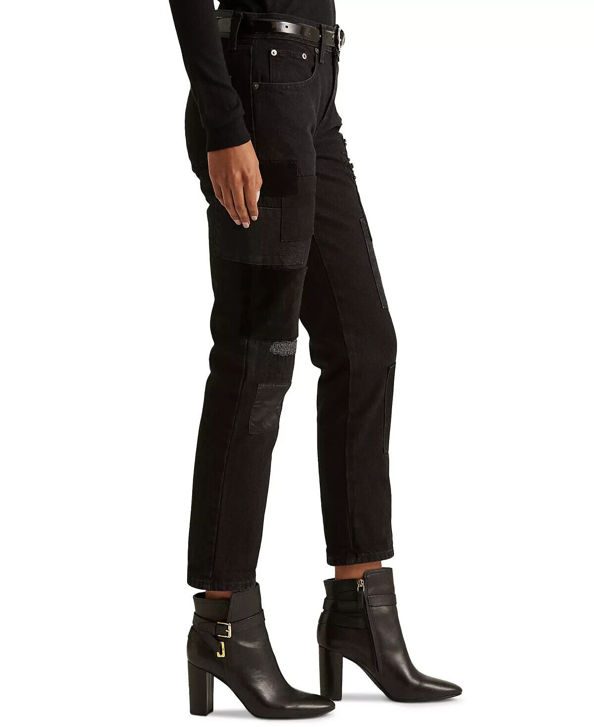 Ralph Lauren Womens Patchwork Relaxed Tapered Jeans Wash Black Size 14 MSRP $175