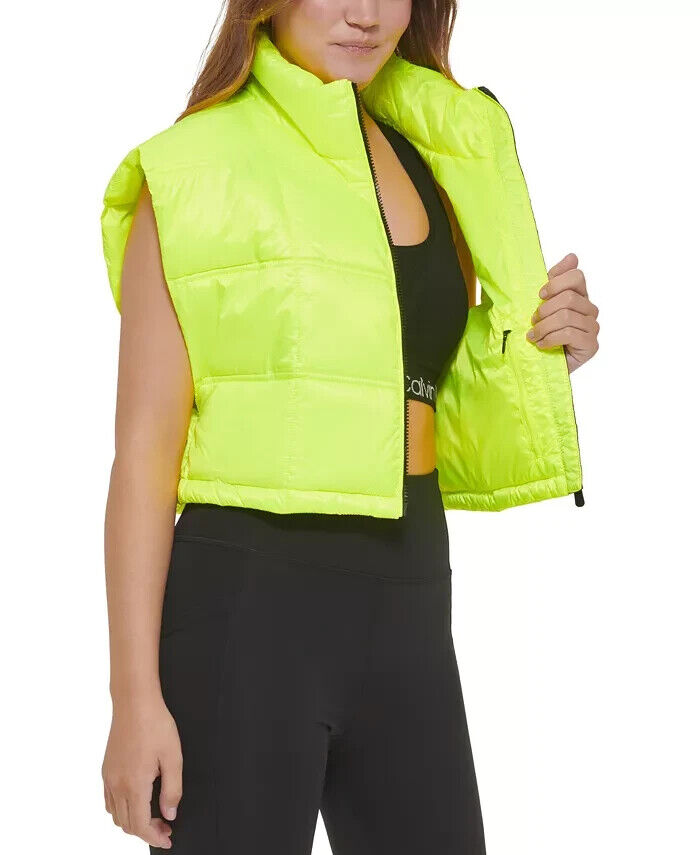 Calvin Klein Women's Cropped Mock-Neck Zip-up Vest Neon Green Size M MSRP $80