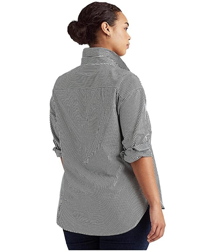LAUREN Ralph Lauren Plus Size 1X Striped Cotton Broadcloth Shirt Gray MSRP $100