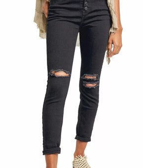 Free People Sabrina Button Front High Waist Skinny Jeans Black Size 24 MSRP $78