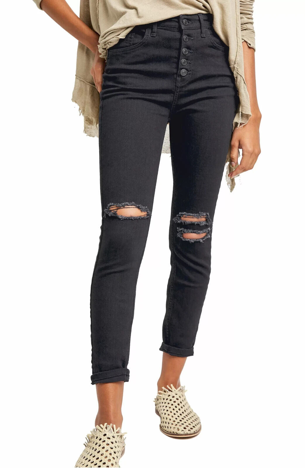 Free People Sabrina Button Front High Waist Skinny Jeans Black Size 24
