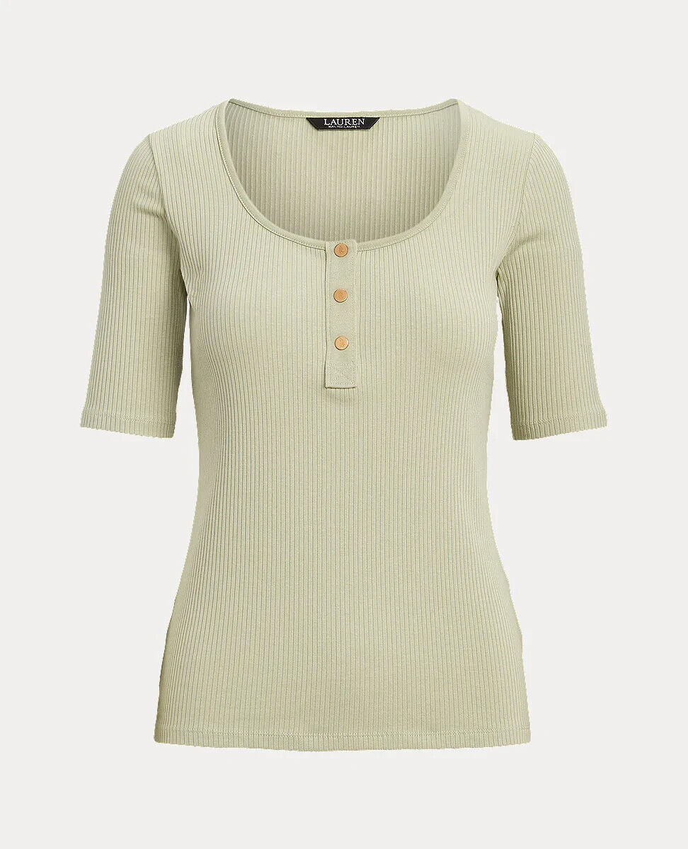 LAUREN RALPH LAUREN Elbow-Sleeve Henley Top Ranch Sage Green Size L MSRP $70