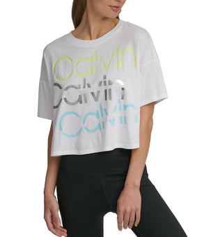 Calvin Klein Performance Sliced Logo Cropped T-Shirt Size Size S White MSRP $40