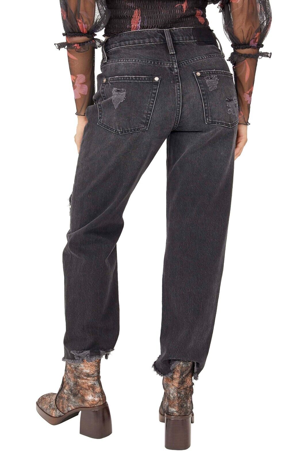 Free People Distressed Tapered Baggy Boyfriend Jeans Black Size 27 MSRP $98