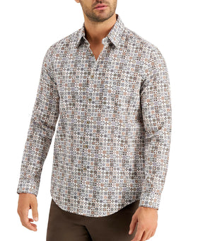 Tasso Elba Men's Stretch Medallion-Print Button Shirt Brown Size S MSRP $60