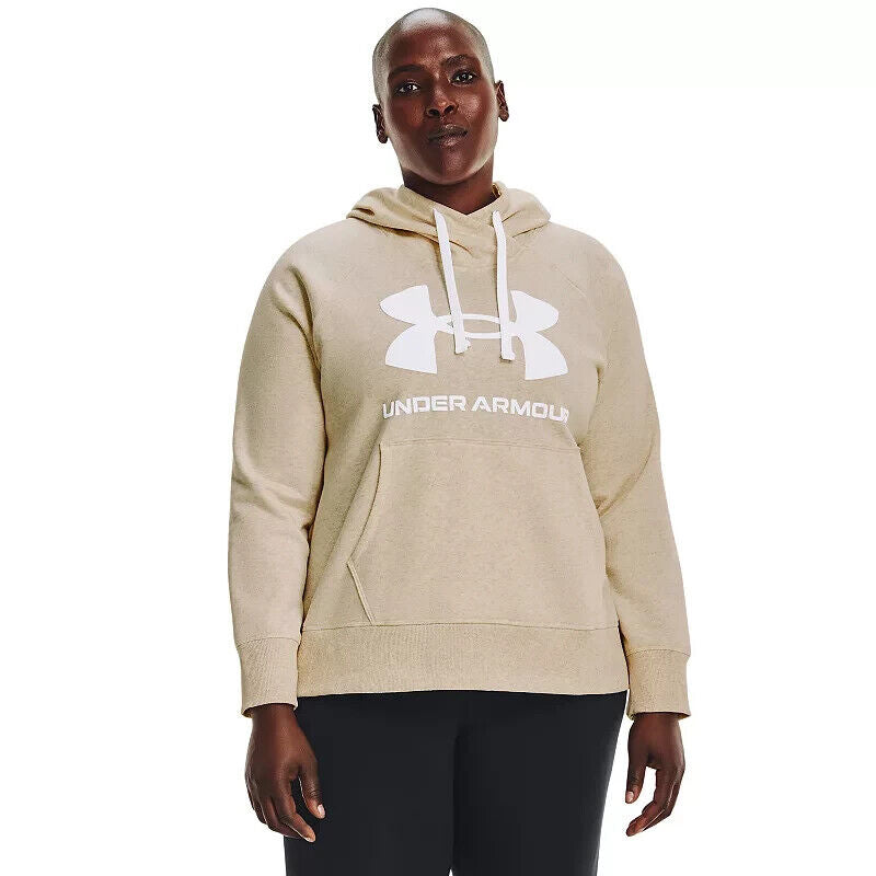 UNDER ARMOUR Plus Size UA Rival Fleece Logo Hoodie Oat Beige Size 2X MSRP $50