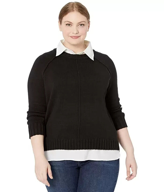LAUREN Ralph Lauren Layered Cotton Sweater Plus Size 1X Black MSRP $110
