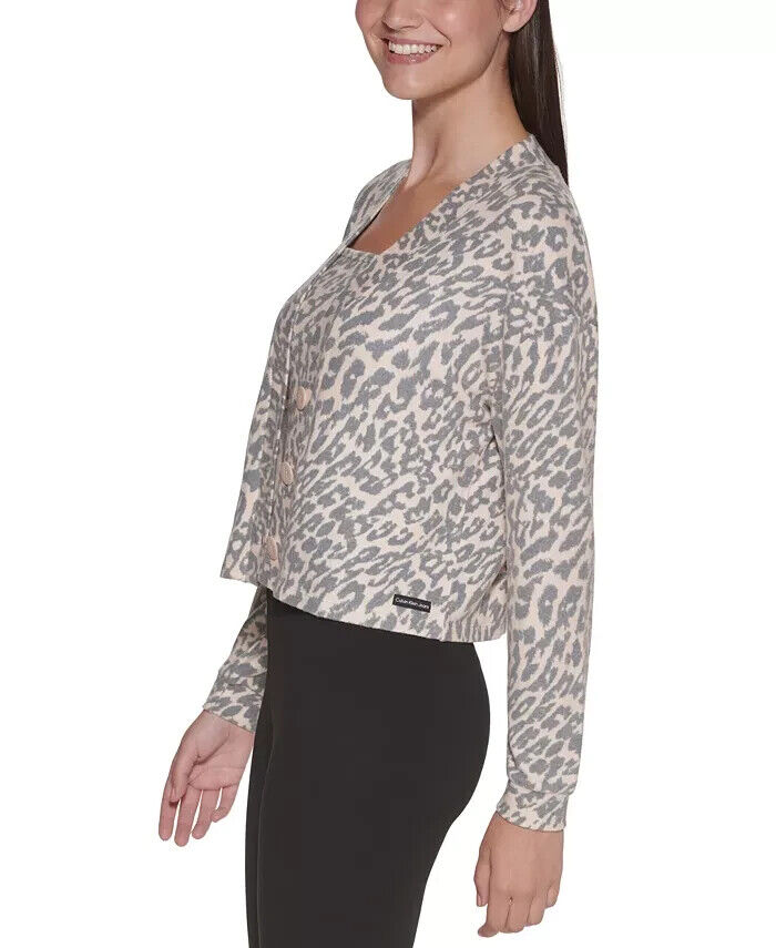Calvin Klein Jeans Printed Cropped Sweater Cardigan Beige Gray Size M MSRP $60