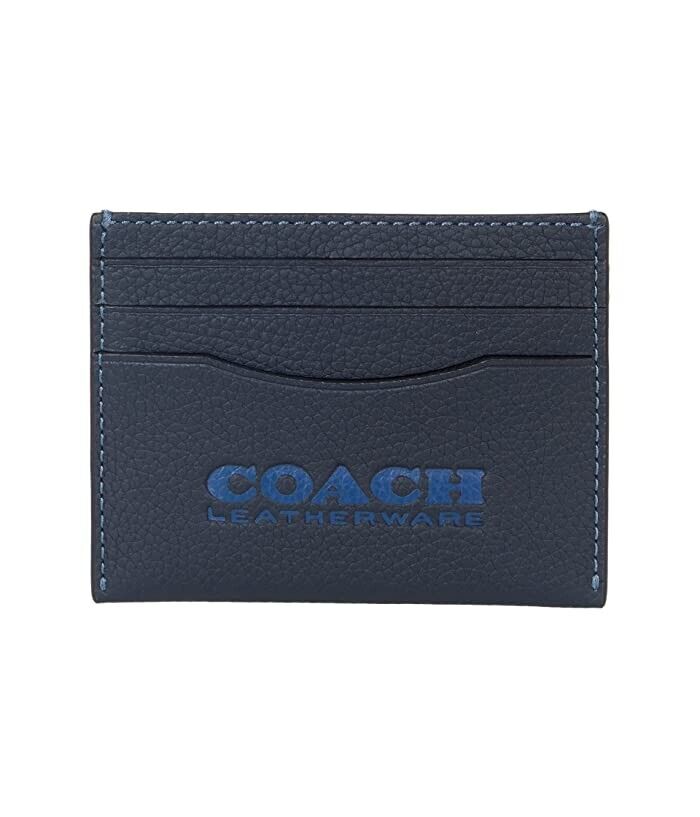 COACH Flat Card Case in Pebble Leather with Coach Leatherware Branding Navy Blue