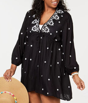 RAVIYA Plus Size Embroidered Long-Sleeve Cover-Up Dress Black 0X