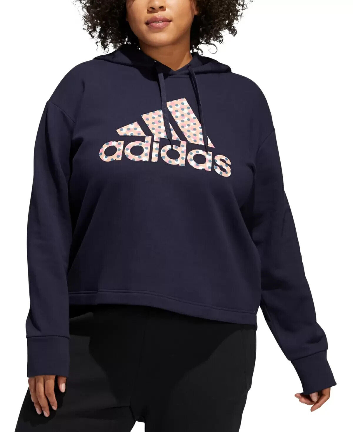 adidas Womens Plus Size Dot-Print Logo Hooded Sweatshirt Size Navy 1X MSRP $55