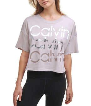 Calvin Klein Womens Performance Sliced Logo Cropped T-Shirt Pink Size S MSRP $40