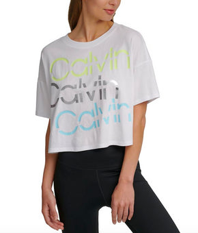 Calvin Klein Performance Sliced Logo Cropped TShirt Womens White Size L MSRP $40