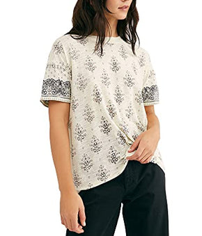 Free People We The Free Womens Yellow Printed Short Sleeve Ivory Top SIze XS