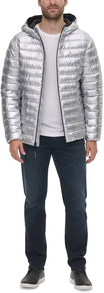 Calvin Klein Mens Packable Down Hooded Jacket Silver Large