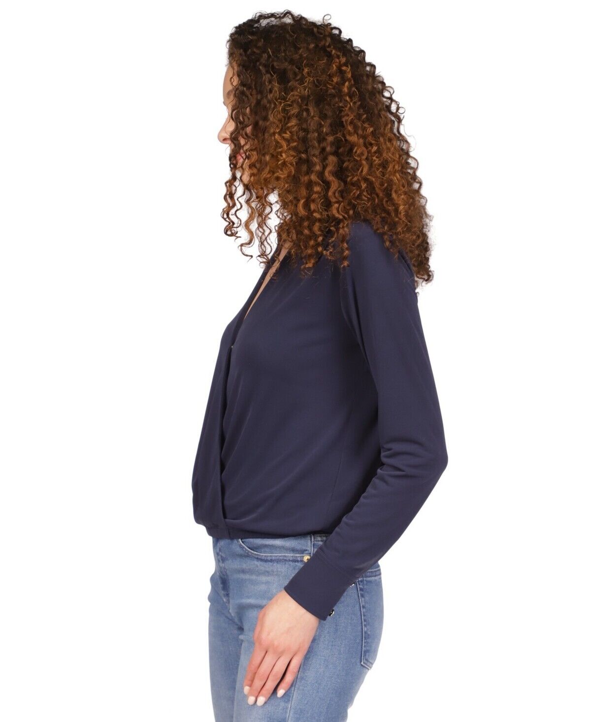 Michael Michael Kors Women's Solid Collared Faux-Wrap Top Navy Size S MSRP $88