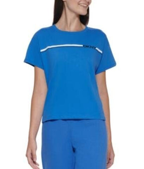 Dkny Sport Women's Cotton Logo-Stripe Cropped T-Shirt Blue Size L MSRP $40
