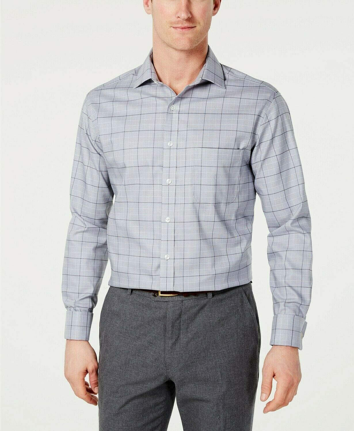 Tasso Elba Men Classic Fit Non-Iron Plaid Dress Shirts Grey Size 17x36/37